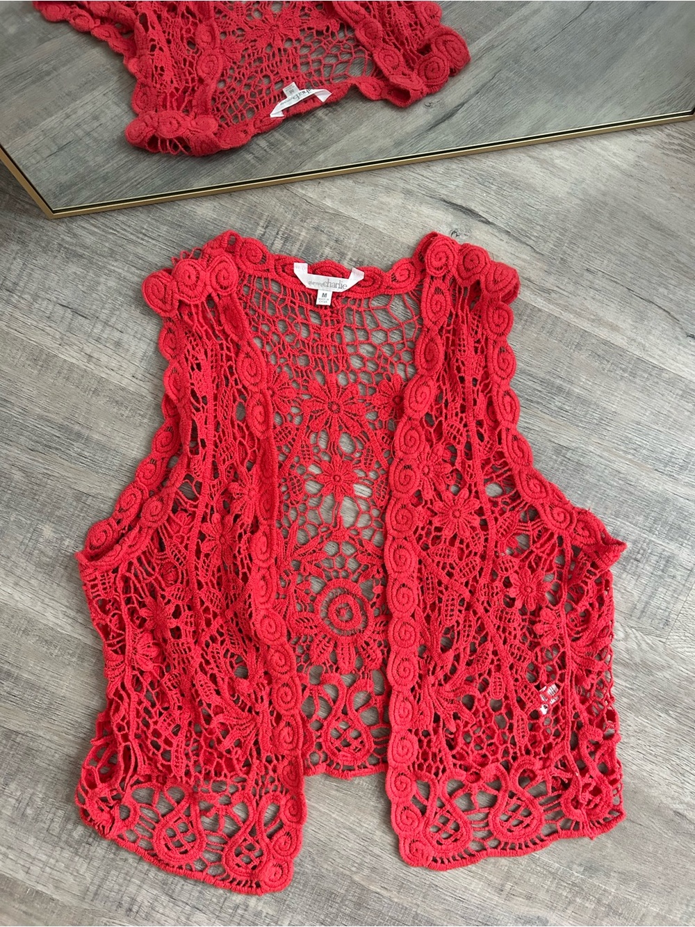Charming Charlie Coral Pink Crochet Vest Boho Festival Lace Open Front Tank M